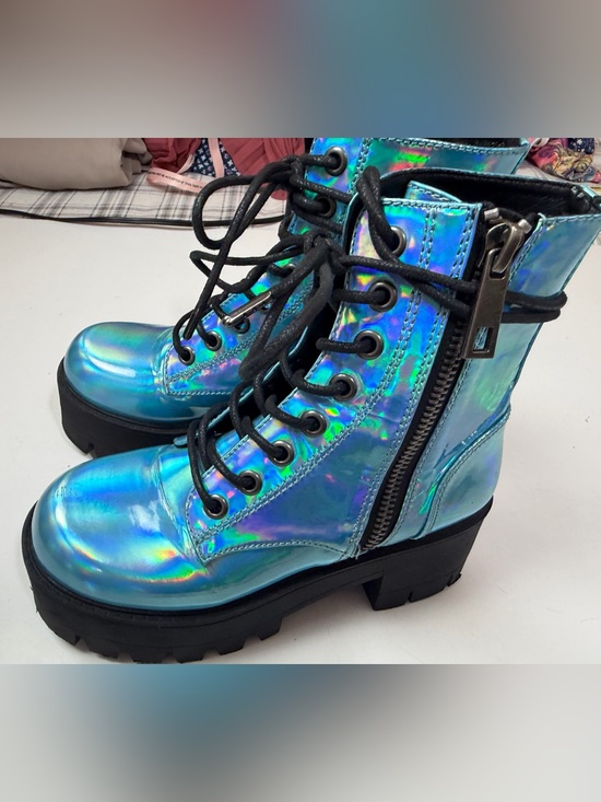 Dolls Kill Shoes - Current Mood Blue Metallic Holographic Walking On Water Platform Combat Boots 7